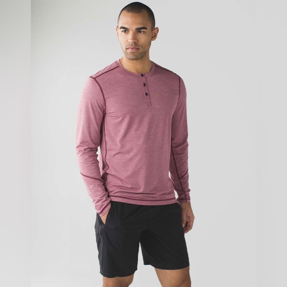 Lululemon Mens T.H.E. Henley Long Sleeve Shirt Heathered Rosewood Small